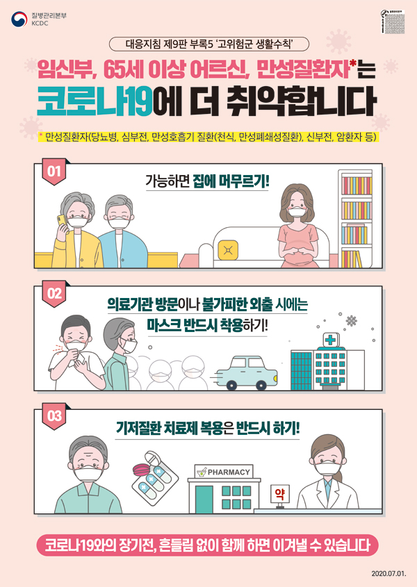 임산부, 65세 이상 어르신, 만성질환자는 코로나19에 더 취약합니다.