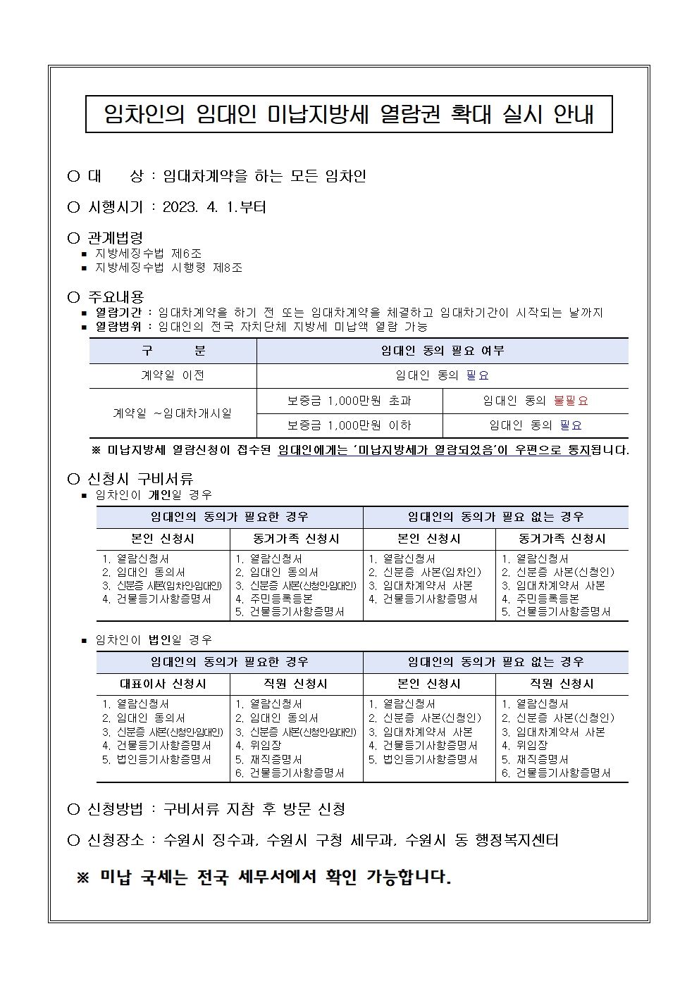 임차인의 임대인 미납지방세 열람권 확대 실시 안내