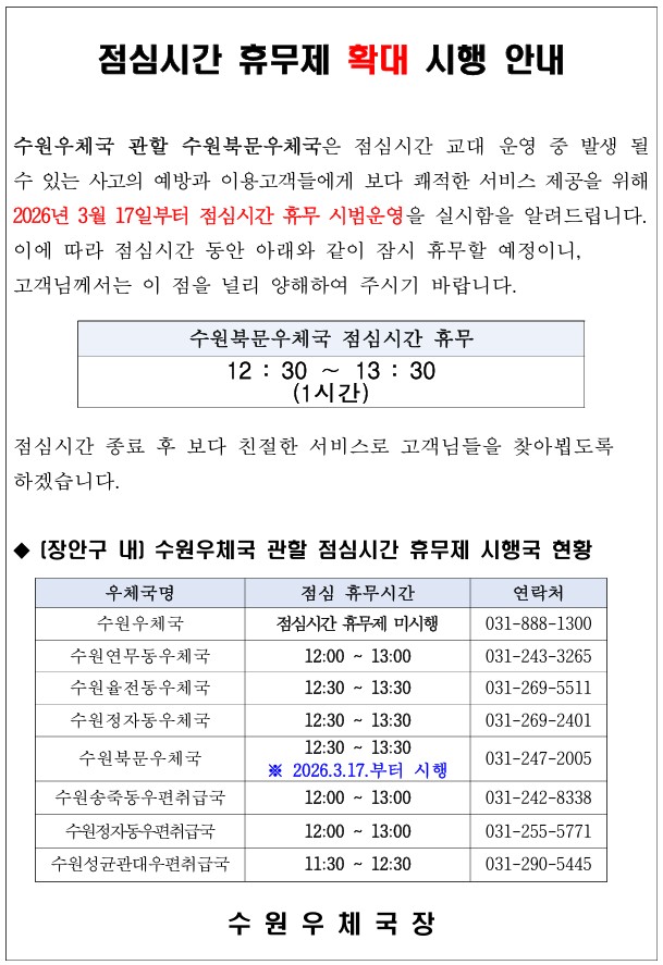 수원북문우체국 점심시간 휴무제 확대 시행 안내